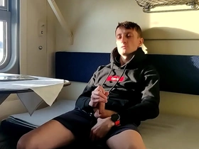 Hoodie & shorts - jerking off in a train cabin while alone
